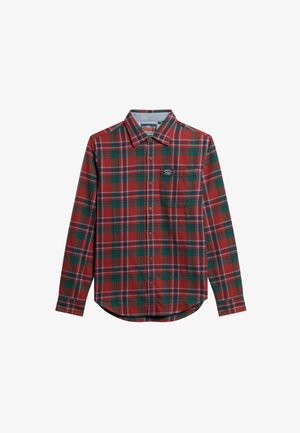 Red and green plaid long-sleeve shirt with a button-down collar, front pocket, and logo patch on the chest. Cotton material, relaxed fit.