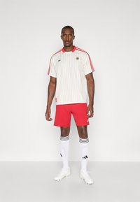 Bílé pruhované dresy s červenými akcenty, červené šortky, bílé ponožky s černými pruhy a kopačky. Na dresu je zobrazený týmový znak.