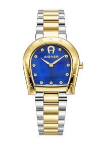 Orologio in metallo dorato e argentato con un unico quadrante blu, adornato con indicatori delle ore in cristallo, con il logo Aigner sulla lunetta.