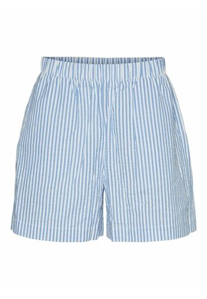 Shorts rayés avec un motif bleu clair et blanc, taille élastique, coupe ample et texture de tissu douce.