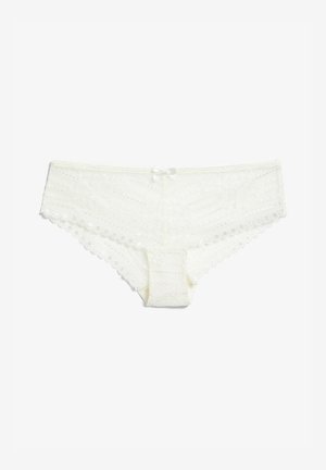 Weiße Spitzen-Hipster-Unterwäsche für Damen mit floralen Mustern und einer kleinen Schleifendetail vorne in der Mitte des Bunds.