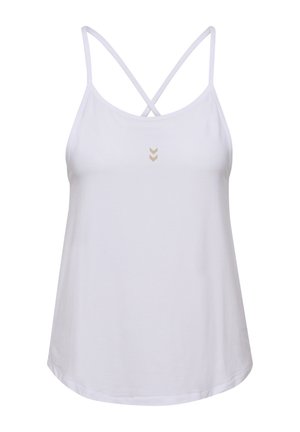 Witte camisole met dunne, gekruiste banden, gemaakt van zachte stof. Heeft een klein, geperst chevronpatroon in beige op de voorkant.