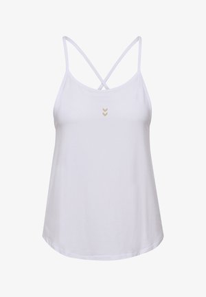 Witte camisole met dunne, gekruiste banden, gemaakt van zachte stof. Heeft een klein, geperst chevronpatroon in beige op de voorkant.