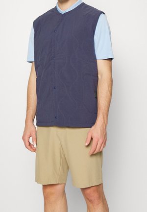 Homme portant un gilet matelassé bleu foncé sans manches par-dessus une chemise à manches courtes bleu clair et un short beige longueur genoux sur un fond uni.