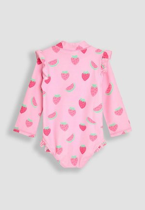 Lyserød langærmet bodysuit med et jordbær- og vandmelonprint, flæse-accenter på skuldrene og tryklåse i bunden.