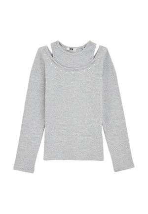 Grauer Langarm-Top mit gerippter Textur, das ein schulterfreies Design und kleine dekorative Nieten entlang des Halsausschnitts aufweist.