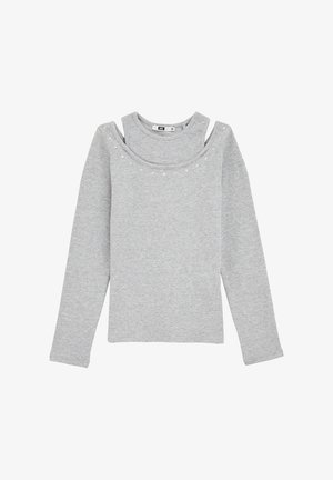 Szürke, hosszú ujjú felső bordás textúrával, vállra egyedi kialakítással és kis díszítő tüskékkel a nyakvonal mentén.