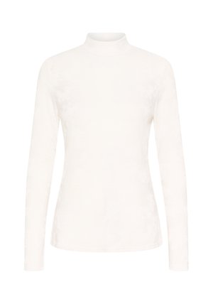 Haut à col roulé manches longues blanc en tissu doux, caractérisé par une texture lisse et une coupe ajustée avec un léger éclat.