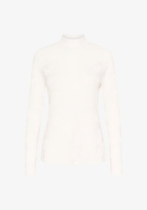 White long-sleeve turtleneck top made from soft fabric, featuring a smooth texture and a fitted design with a subtle sheen.