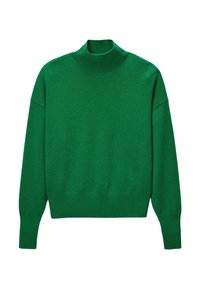 Pull vert avec un col montant, coupe loose, et des poignets et un ourlet côtelés. Fabriqué en matériau tricoté doux, avec une texture uniforme sur l'ensemble.