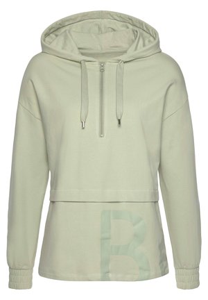 Hoodie court vert clair avec demi-fermeture éclair à l'avant, capuche à cordon, poignets élastiques et grand logo "B" discret sur le bas avant.