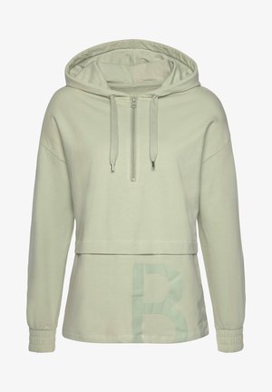 Hoodie court vert clair avec demi-fermeture éclair à l'avant, capuche à cordon, poignets élastiques et grand logo "B" discret sur le bas avant.