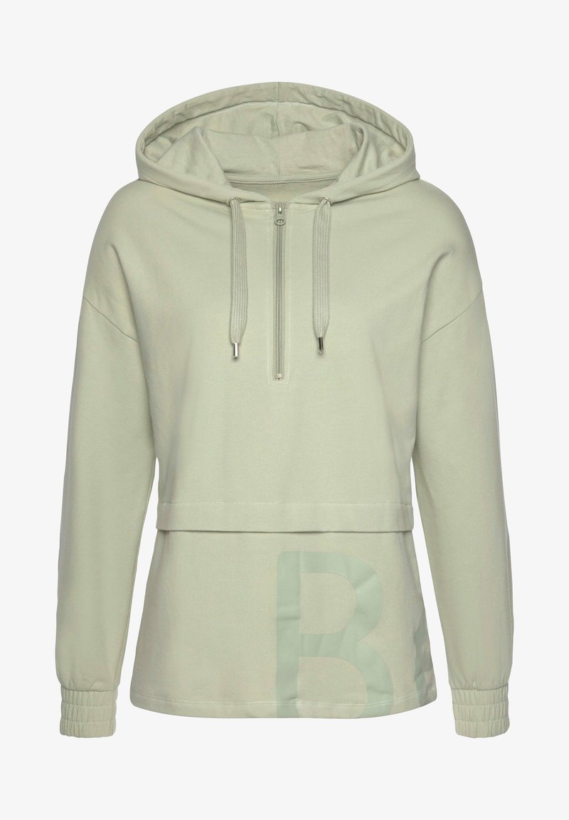 Hoodie court vert clair avec demi-fermeture éclair à l'avant, capuche à cordon, poignets élastiques et grand logo "B" discret sur le bas avant.