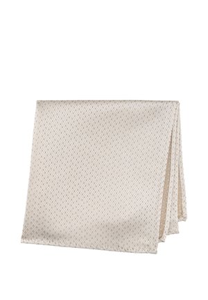 Gefaltetes beigefarbenes Einstecktuch mit einem dezenten Punktmuster und strukturierter Stoff, vor einem weißen Hintergrund präsentiert.