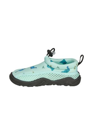 Light blue children's water shoe with black sole, adjustable toggle, mesh sides, and playful dinosaur print.