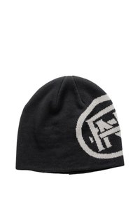 Czarna dzianinowa czapka beanie z dużym białym logo. Gładka tekstura, dobrze dopasowana i okrągła korona.