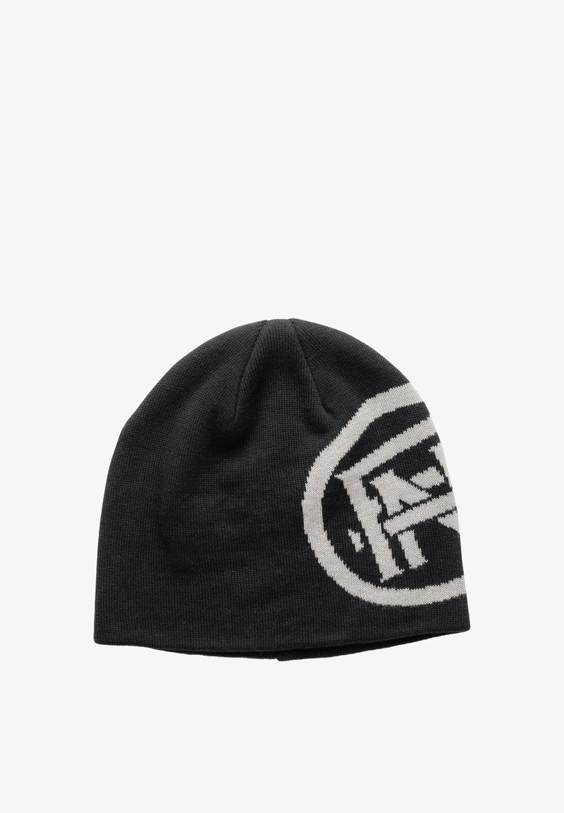 Czarna dzianinowa czapka beanie z dużym białym logo. Gładka tekstura, dobrze dopasowana i okrągła korona.