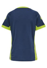 Maritieme sporttrui met limegroene accenten, voorzien van korte mouwen, een ronde hals en een ademende meshstructuur over de stof.
