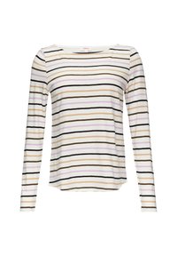 Langarm T-shirt van zachte stof, met horizontale strepen in beige, zwart, paars en wit. Ronde halslijn, ontspannen pasvorm.