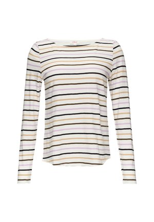 T-shirt à manches longues en tissu doux, avec des rayures horizontales beige, noir, violet et blanc. Encolure arrondie, coupe décontractée.