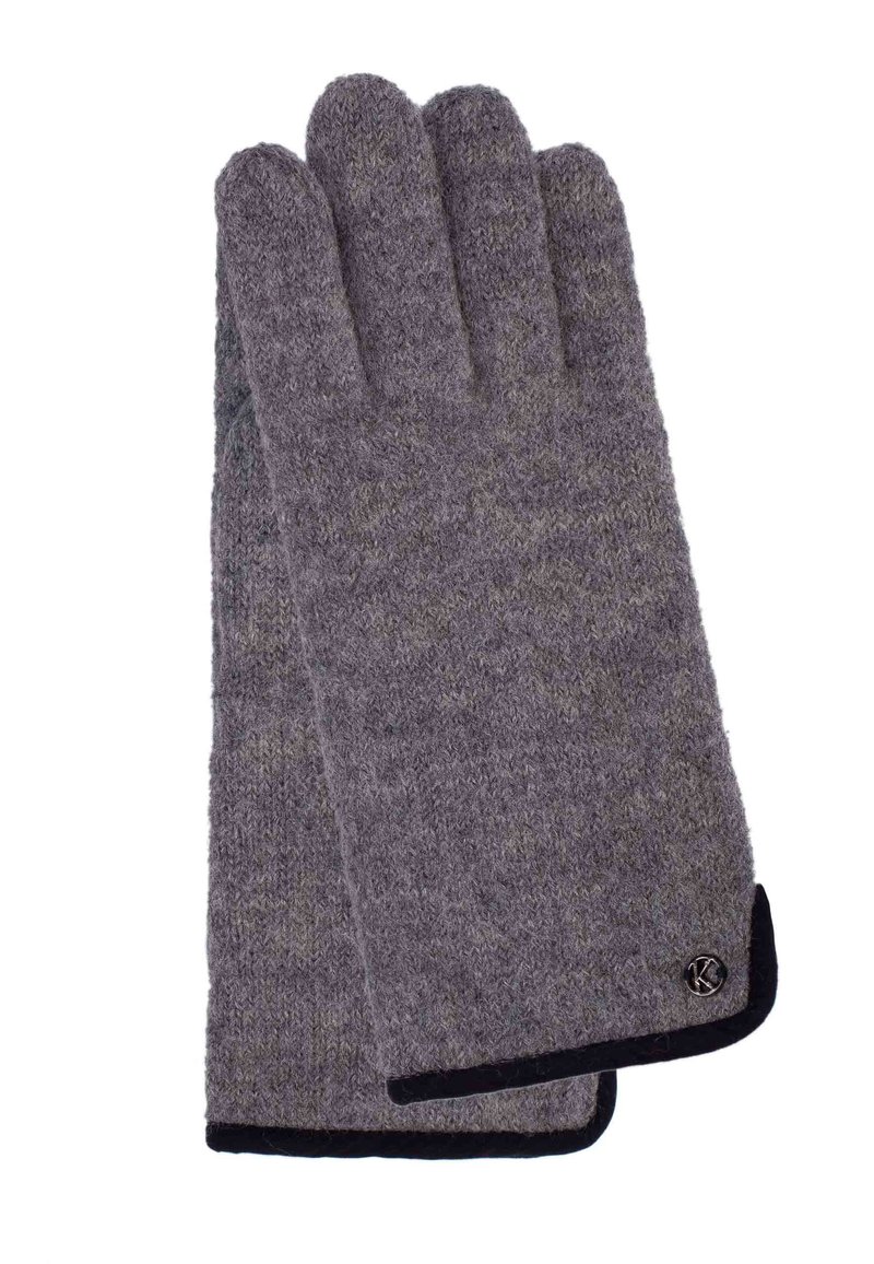 Grijze wollen handschoenen met een gestructureerde afwerking, voorzien van een zwarte manchet en een kleine logo-accent op de pols. Vijfvingerontwerp.