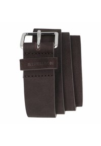 Cintura in pelle marrone scuro con una superficie liscia, dotata di una fibbia in metallo silver e dettagli di branding impressi. Design semplice e classico.