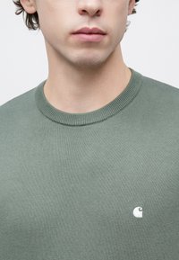 Πράσινο πλεκτό πουλόβερ με στρογγυλή λαιμόκοψη, με μικρό λευκό λογότυπο στο στήθος. Υφή υφάσματος με λεία επιφάνεια.