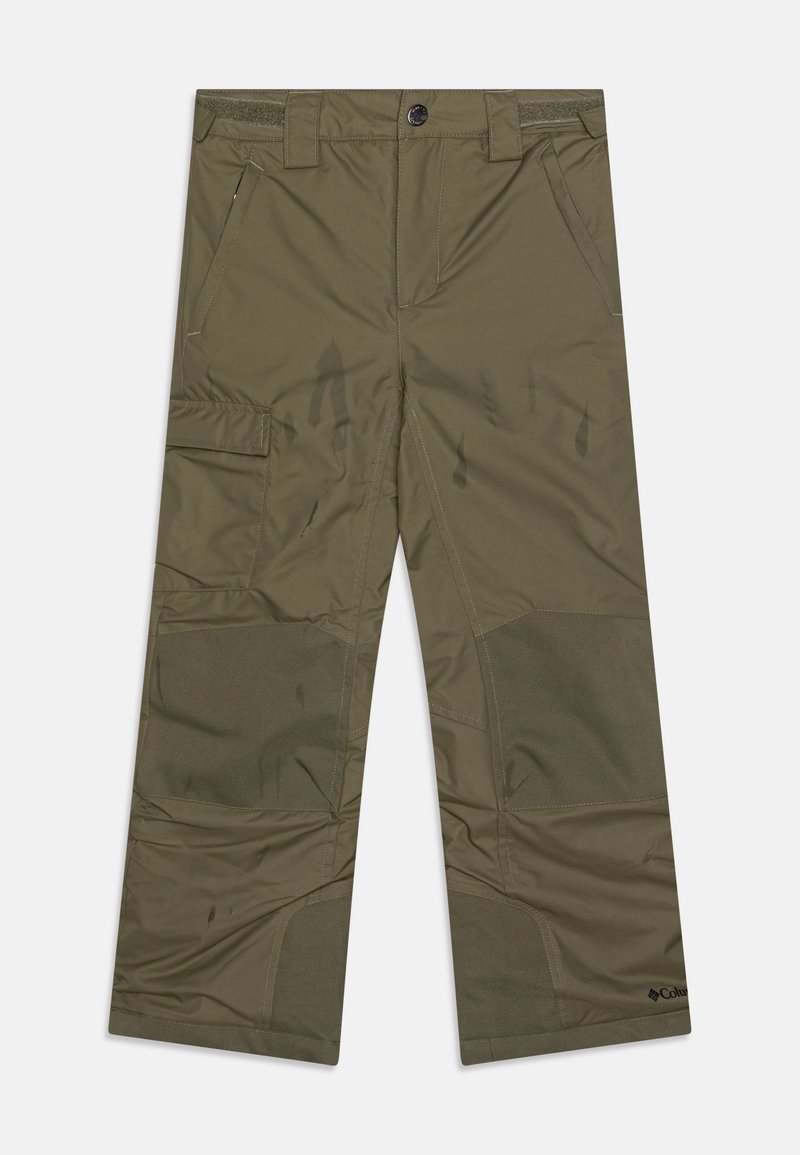 Pantaloni cargo de culoare verde măsliniu, cu multiple buzunare, pernuțe întărite, închidere cu nasture și un luciu subtil. Confeționați dintr-un material durabil.