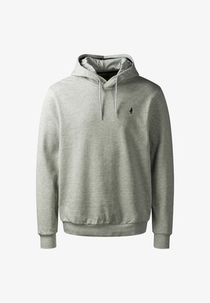 Světle šedá mikina s kapucí vyrobená z měkké tkaniny. Obsahuje klokání kapsu, nastavitelné šňůrky a malé logo na hrudi.