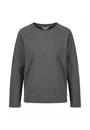 Dunkelgraues Sweatshirt mit Rundhalsausschnitt und langen Raglanärmeln, mit einem kleinen schwarzen Etikett nahe dem unteren Saum, auf weißem Hintergrund.