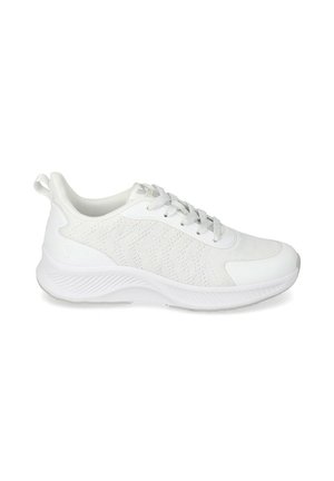 Sneaker atletica bianca con tomaia in maglia, chiusura con lacci, suola imbottita e linguetta sul tallone, progettata per il comfort e l’uso casual.