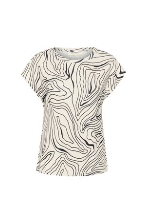 Lühikeste varrukatega t-särk pehmest kangast, valge taustaga, millel on mustad abstraktsed joonmustrid, ümar kaelus ja mugav lõige.