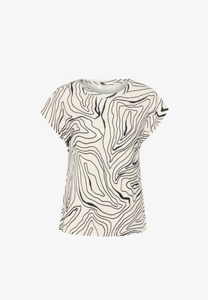 Lühikeste varrukatega t-särk pehmest kangast, valge taustaga, millel on mustad abstraktsed joonmustrid, ümar kaelus ja mugav lõige.