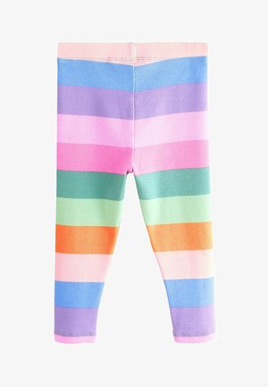 Leggings cu dungi multicolore, având o textură ribbed. Dungile includ roz, mov, albastru, verde și portocaliu în modele orizontale.