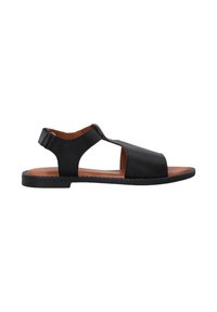 Sort lædersandal med et åbent design, justerbar ankelrem og flad sål. Har en glat overflade med en kontrastfyldt brun indersål.