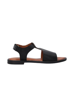 Black leather sandal with an open design, adjustable ankle strap, and a flat sole. Features a smooth texture with contrasting brown insole.