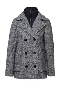 Grau meliertes, doppelt geknöpftes Wollmäntel mit breiten Revers, schwarzen Knöpfen, vorderen Taschen und einer inneren schwarzen Steppschicht mit Reißverschluss.