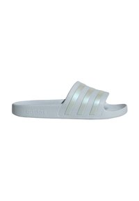 White open-toe slide with three horizontal light grey stripes and textured sole. Features embossed logo on the side. Made of synthetic material.