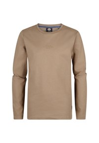 Camicia a maniche lunghe beige in cotone, con scollatura a girocollo e logo tono su tono impresso sul petto, dotata di maniche dritte.