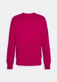 Heldere fuchsia sweatshirt met lange mouwen, een geribde ronde hals en geribde manchetten. Voorzien van een logopatch op de linker mouw. Gladde textuur.