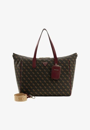 Sac fourre-tout à motifs noirs avec accents marron foncé, présentant un détail logo, des poignées doubles et une bandoulière amovible. Comprend une étiquette avec la marque.