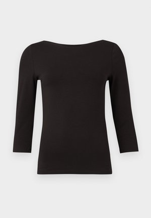 Svart, langermet topp laget av glatt, elastisk stoff. Har en vid utringning og tettsittende silhuett, uten mønstre eller utsmykninger.