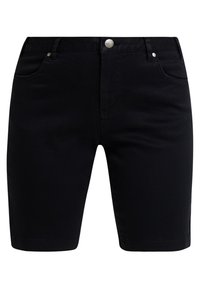 Shorts de mezclilla negra con corte clásico, cinco bolsillos, cierre frontal con botón y cremallera, y una superficie lisa con una ligera textura.