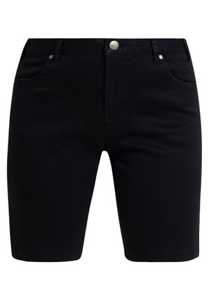 Čierne džínsové šortky s klasickým strihom, piatimi vreckami, predným gombíkom a zipsom, a hladkým, mierne textúrovaným povrchom.
