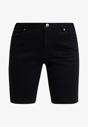 Czarne szorty dżinsowe o klasycznym kroju, pięć kieszeni, z przodu z zapięciem na guzik i suwak oraz gładką, lekko teksturowaną powierzchnią.