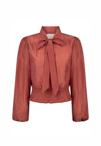 Bluse in Rostfarbe, mit strukturiertem Stoff, langen puffärmel, gebundenem Kragen, geraffter Taille und glatter Oberfläche.