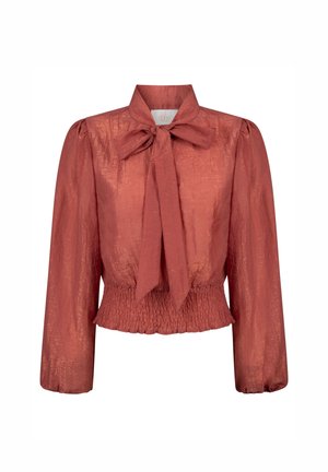 Roestkleurige blouse, gestructureerde stof, lange pofmouwen, gestrikt kraagje, gathered taille en een gladde afwerking.