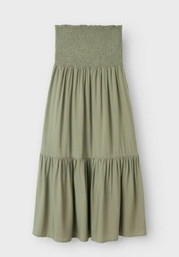 Olivgrünes trägerloses Kleid mit einem gerafften Oberteil und einem weiten, gestuften Rock. Hergestellt aus einem weichen Stoff mit glatter Textur.