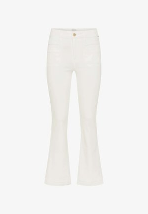 Jeans skinny bianchi a vita alta con gambe svasate, tasche frontali e chiusura con bottone dorato in vita.