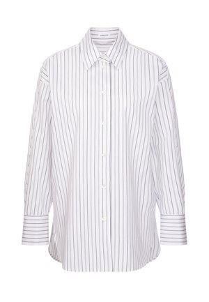 Witte button-up overhemd met verticale marineblauwe strepen, lange mouwen en een klassieke kraag. Heeft een relaxte pasvorm en een knoopsluiting aan de voorkant.